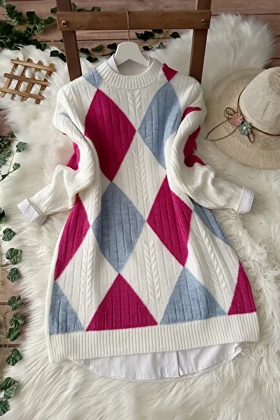 MODAQU Colorful Baklava Soft Knitwear Tunic - White