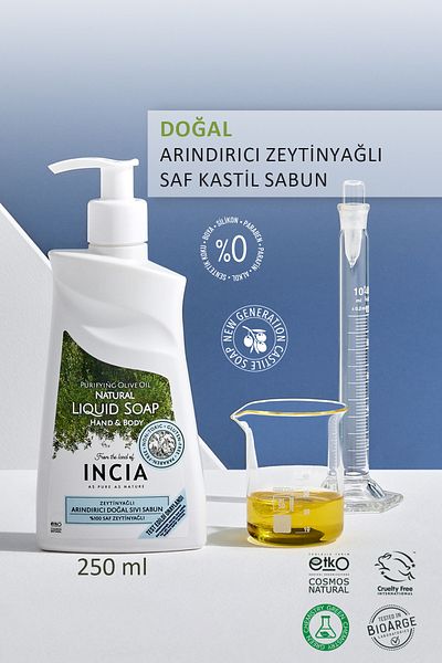 Incia 100% Natural Liquid Castile - Olive Oil Purifying Soap 250 ml Vegan Oil