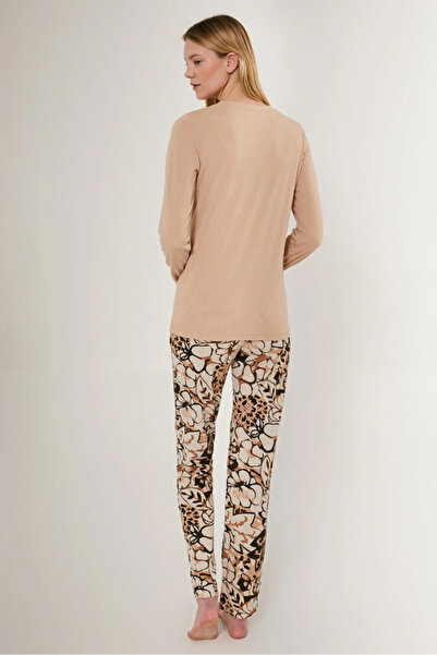 BSM Nap Time İs Happy Γυναικεία Σετ Πιτζάμες Μακρυμάνικο Μπισκότο Βισκόζης 3 Κουμπιών Υψηλής Ποιότητας