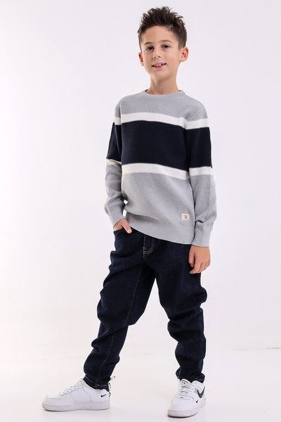Matte İZMİR BOY'S LIGHT GRAY CYCLING COLLAR STRIPED KNITWEAR SWEATER