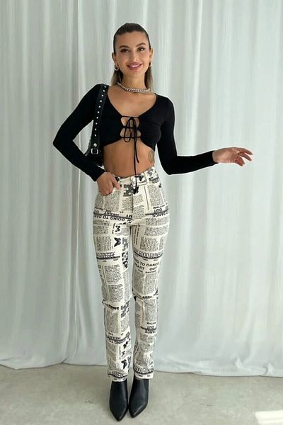WOMAN VISION Women's Special Design High Waist Newspaper Printed Pocket Detailed Trousers 194