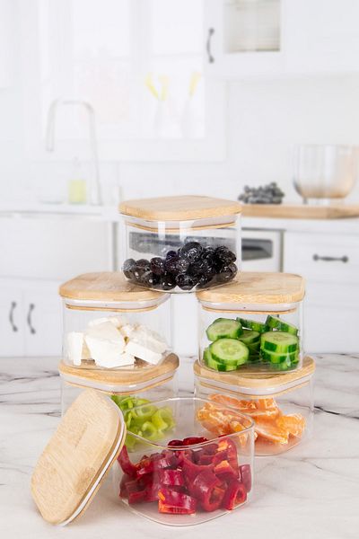 Karçiçeği Home 6-Piece 650ml Square Glass Bowl with Bamboo Lid Breakfast Snack Bowl Storage Container