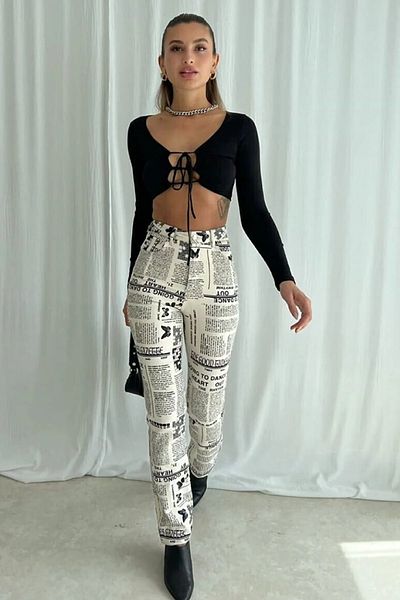 WOMAN VISION Women's Special Design High Waist Newspaper Printed Pocket Detailed Trousers 194