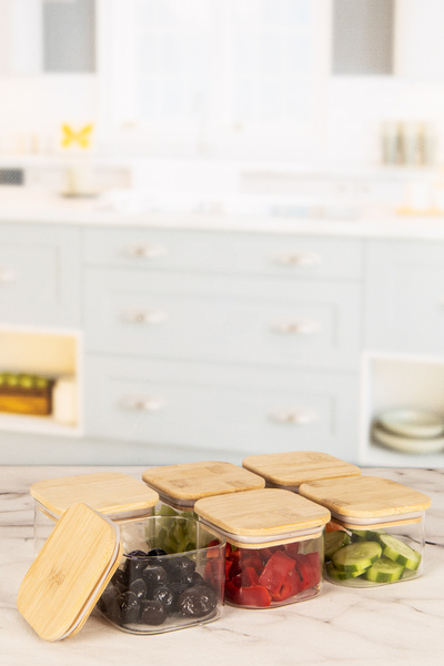 Karçiçeği Home وعاء زجاجي مربع سعة 250 مل مع غطاء من الخيزران، وعاء تخزين للو...