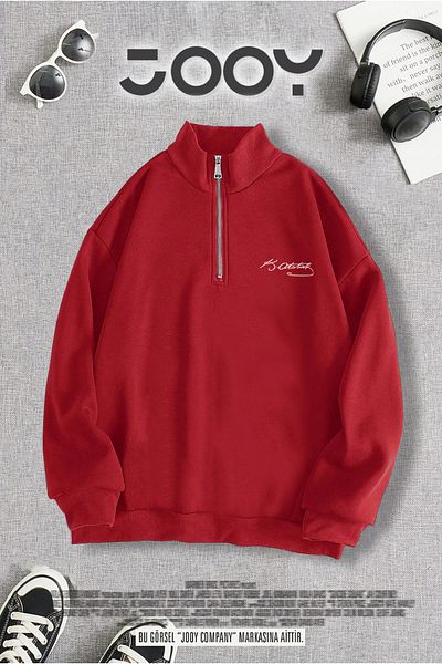 Jooy Company Half Zipper Atatürk Signature Printed Red Sweatshirt