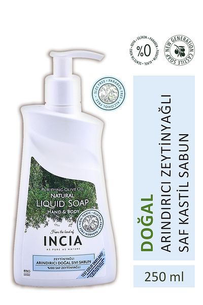 Incia 100% Natural Liquid Castile - Olive Oil Purifying Soap 250 ml Vegan Oil
