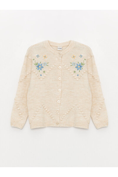 LC Waikiki Dziewczęcy dziewczęcy kardigan z haftowanym dekoltem i długim rękawem