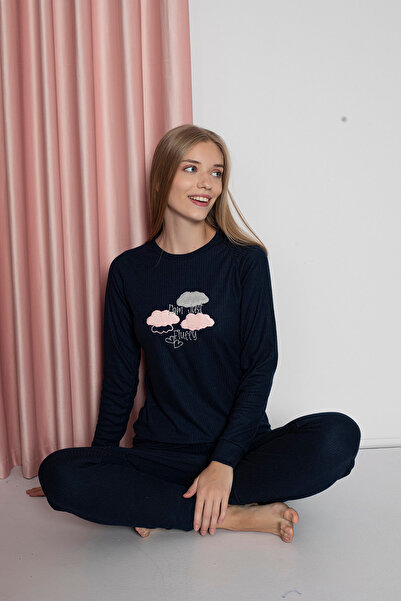Wordex Fawn 4006 İnterlok Kışlık Bulut Desenli Kadın Pijama Takımı