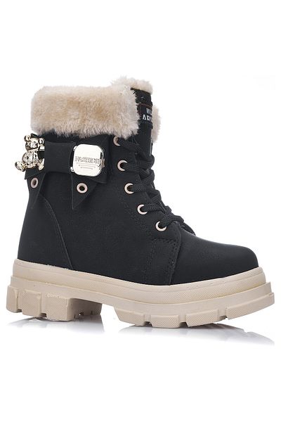 İmerShoes Καθημερινές παιδικές χειμερινές μαύρες μπότες με γούνινο κορδόνι με μοτίβο σόλα παπούτσια F200