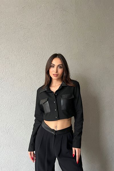 Seda Yalçın Atelier Black Leather Detailed Buttoned Crop Jacket with Pockets