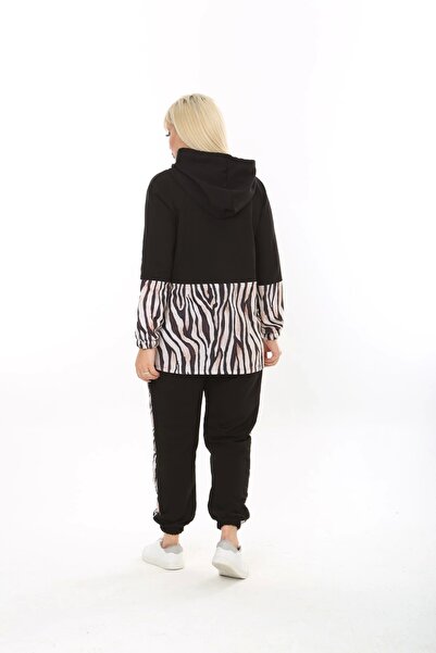 ModaSehle Women's Black Printed Plus Size Hooded Zipper Tracksuit
