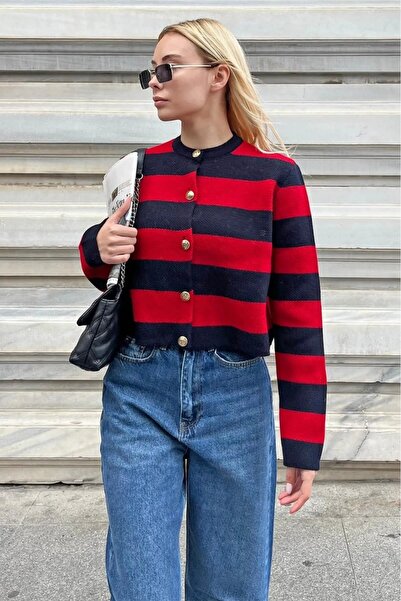 BertoNelly سترة تريكو قصيرة بياقة دائرية مخططة باللون الأحمر الداكن