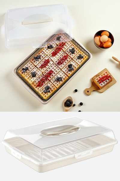 Flosoft Dikdörtgen Kek Pasta Börek Saklama Kabı, Kilitli Borcam Taşıma Kabı Büyük Boy 45cm