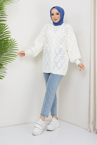Pamuk Butik Γυναικεία Πλεκτά Ζακέτα με Αστέρια με κουμπιά Λευκή