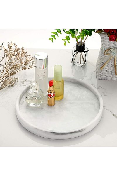 Sümeyra Marble Art Fulya - White with Gray Transition Round Marble Tray "30cm"