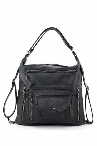 Favori Çanta Women's Black Soft Washed Leather Both Shoulder and Backpack and Crossbody Bag