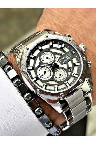 Ferrucci Silver Color Functions Active Steel Strap Men's Wristwatch + BRACELET WITH GIFT