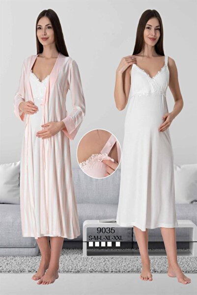 Lohussa Kadın Ekru Dantelli Askılı Pamuklu Lohusa Hamile Sabahlık Gecelik Set