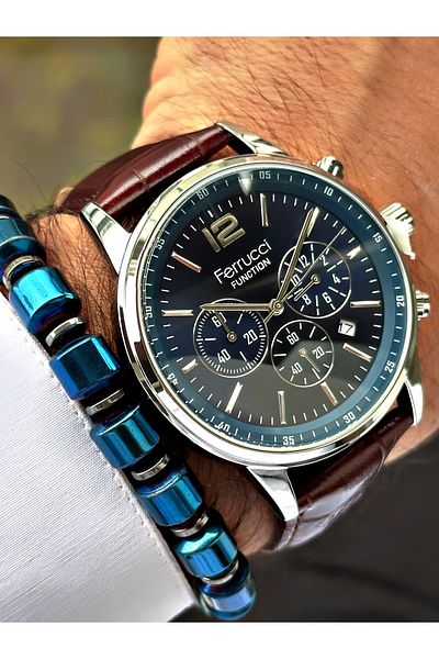 Ferrucci Brown Leather Cord Function Men's Wrist Watch + BRACELET GIFT