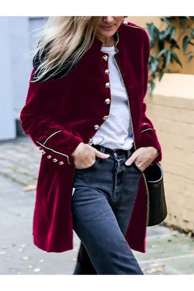 1Moda1Tarz Women's Claret Red Velvet Lined Button Closed Pocket Padded Epaulette Judge Collar Special Design Jacket