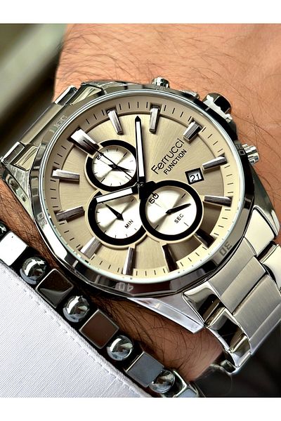 Ferrucci Silver Color Functions Active Sports Men's Wrist Watch + BRACELET GIFT