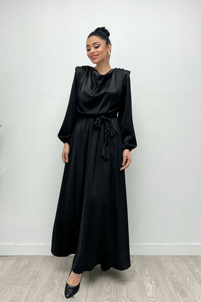 giyimmasalı Gathered Waist Satin Evening Dress - BLACK