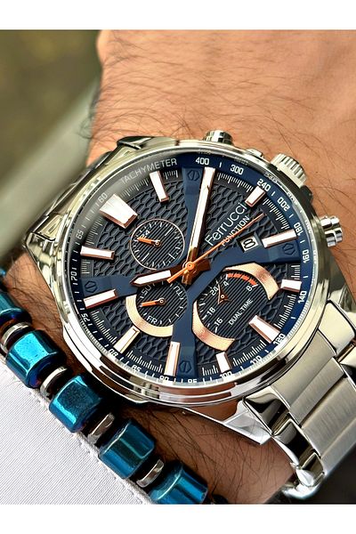 Ferrucci Silver Color Sports Stylish Design Men's Wrist Watch + BRACELET GIFT