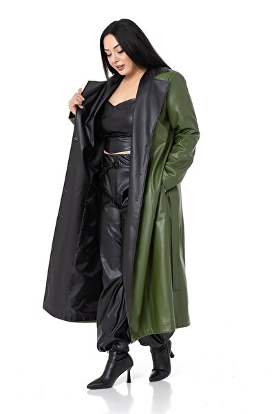 DISENTIS MODEST Large Size Leather Khaki Long Coat with Garnish Collar and Side Pockets