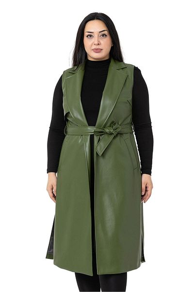 DISENTIS MODEST Large Size Leather Khaki Vest with Windbreaker, Side Slits and Pockets