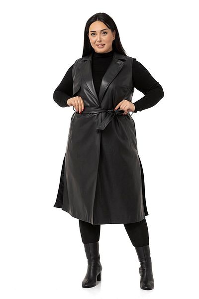 DISENTIS MODEST Large Size Lined Leather Black Vest with Windbreaker, Side Slits and Pockets
