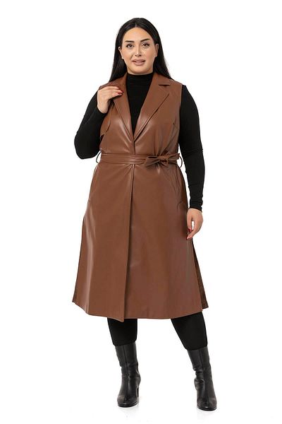 DISENTIS MODEST Plus Size Leather Brown Vest with Windbreaker, Side Slits and Pockets