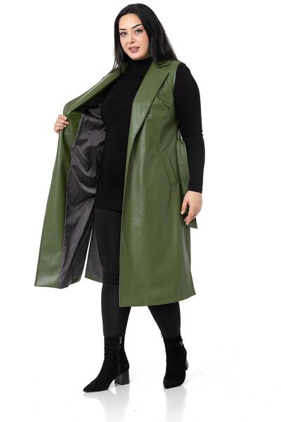 DISENTIS MODEST Large Size Leather Khaki Vest with Windbreaker, Side Slits and Pockets