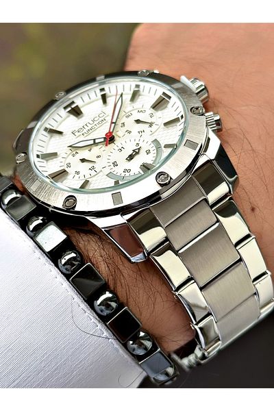 Ferrucci Silver Color Functions Active Sports Model Men's Wrist Watch + BRACELET GIFT