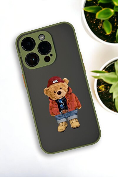 mooodcase iPhone 14 Pro Uyumlu Teddy Bear Desenli Buzlu Şeffaf Lüx Telefon Kılıfı