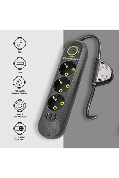 nelerbulurum YÜKSEK KALİTE 3'LÜ 1.5 METRE KABLOLU 3 USB'Lİ SİYAH AKIM KORUMAL...