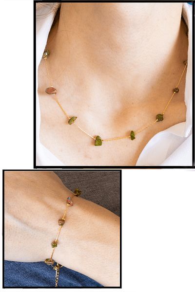 Tesbih Atölyesi Natural Stone Necklace Bracelet Set with Certified Unakite Stone