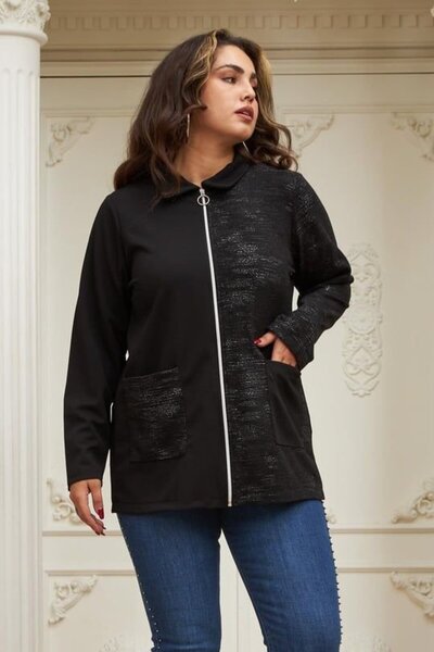 Genel Markalar Fermuar Detaylı Garnili Büyük Beden Siyah Ceket
