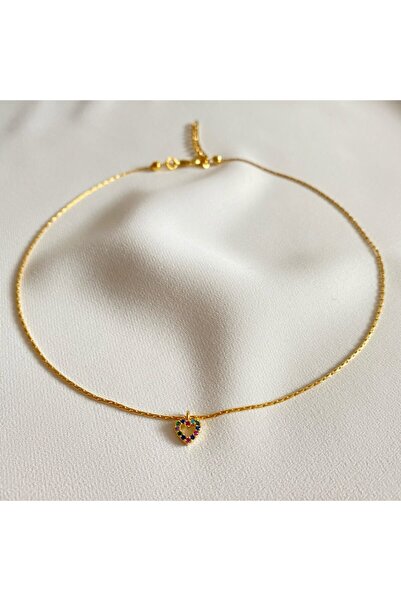 Okkostore Kadın Gold Mini Renkli Kalp Choker Kolye