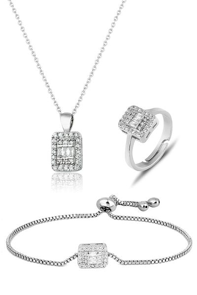 Elika Silver Women's Baguette Jewelled Necklace Ring Bracelet Set