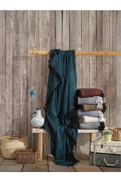 Cotton Box بيكيه مزدوج مهدب باللون الأخضر البترولي والأسود مقاس 200 × 235