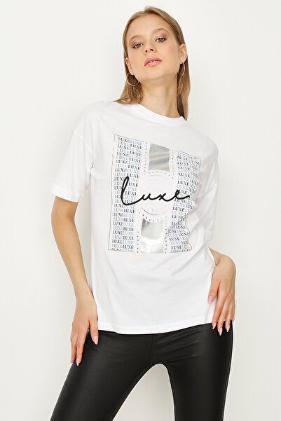 Select Moda Kadın Beyaz Baskılı T-shirt