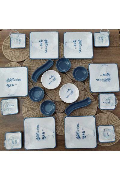 Keramika Peakgift 26 Piece Blue Floral Patterned Square Breakfast Set for 6 People
