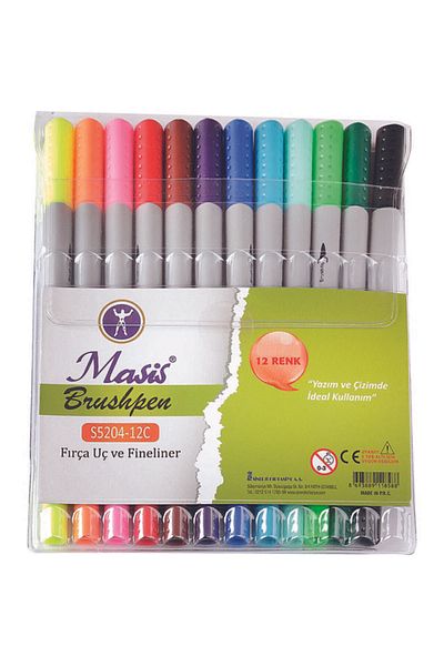 Masis Brushpen Double Ended Brush Tip and Fineliner Tip 12 Colors PVC Package