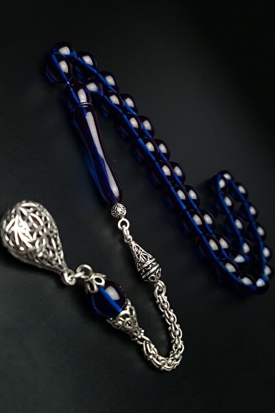 OTTOTESBİH Rozariu din argint 925 cu ciucuri, 8x12 mm, albastru parlamentar, chihlimbar foc