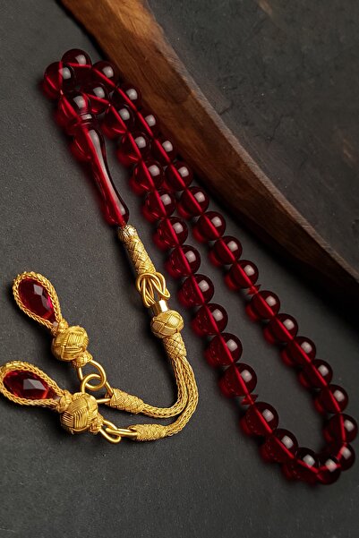 OTTOTESBİH 24k Altın Kaplama 1000 Ayar Gümüş Kazaz Püsküllü Kırmızı Ateş Kehribar Tesbih