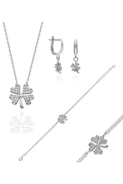 erkoç gold & silver Gümüş  Yonca Kolye Küpe Bileklik Set 3'lü