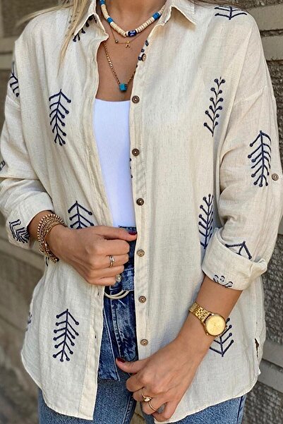 FancyWorld Kadın Bej Nakış Işlemeli Keten Pamuk Gömlek