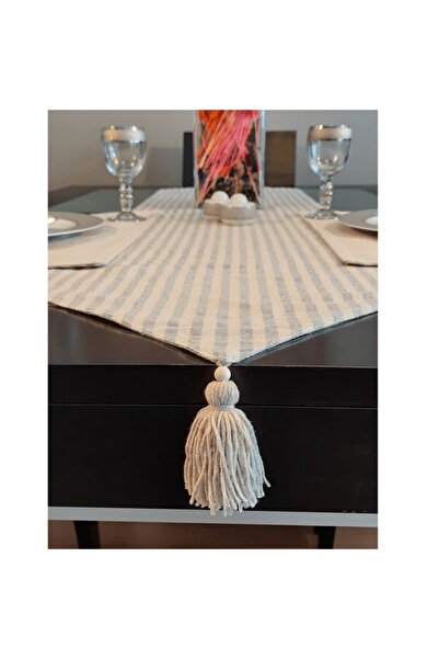 Arasta Design Çift Taraflı, Üçgen Runner, % 100 Pamuklu Keten, Krem Üzerine G...