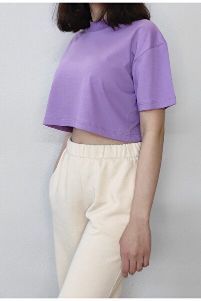 Bomenti Life Women's Lilac Crop Stand Collar Cotton Short Sleeve T-shirt