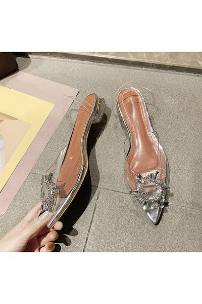 TrendyAnka Dámské denní balerínky Princess Silver Nude Tan Transparent na podpatku Crystal Stone